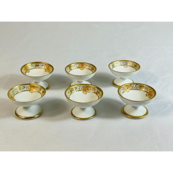 Antique Hand Painted Salt Cellars Egg Cups (6) Gold Rim Elegant China - Picture 1 of 10